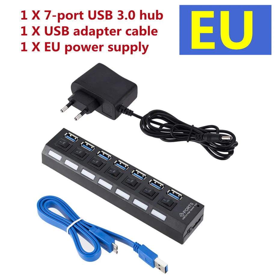 USB 3.0 Hub USB Hub 3.0 Multi USB Splitter 3 Hab Use Power Adapter 7 Port Multiple Expander 3.0 USB3 Hub with Switch for PC