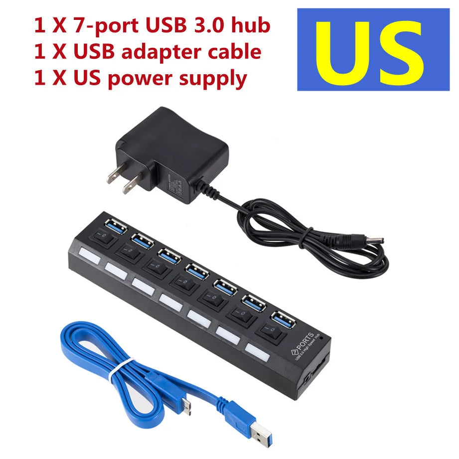 USB 3.0 Hub USB Hub 3.0 Multi USB Splitter 3 Hab Use Power Adapter 7 Port Multiple Expander 3.0 USB3 Hub with Switch for PC