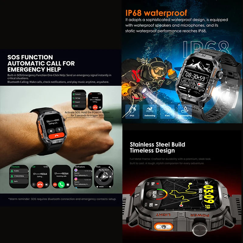 Smart Watch 2.01-inch HD Screen 540mAh 6 Satellite Positioning System 100+ Sports Modes IP68 Waterproof BT Call Smart Watch Men