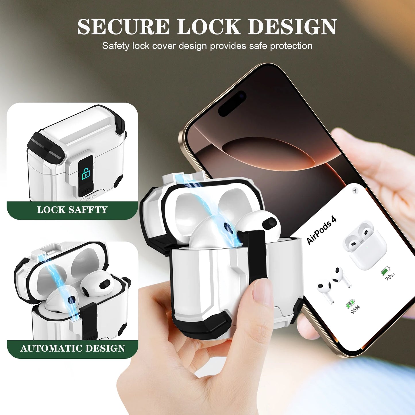 Portable Shockproof Case For  for AirPods 4 Pro 2 3 Case Cover with Lock t, Keychain, Magnetic Lid, Support Wireless Charging