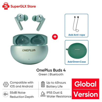 Global Version OnePlus Buds 4 True Wireless AI Call Noise Cancelling Earphones 55dB Long Range IP55 Waterproof Portable Earbuds