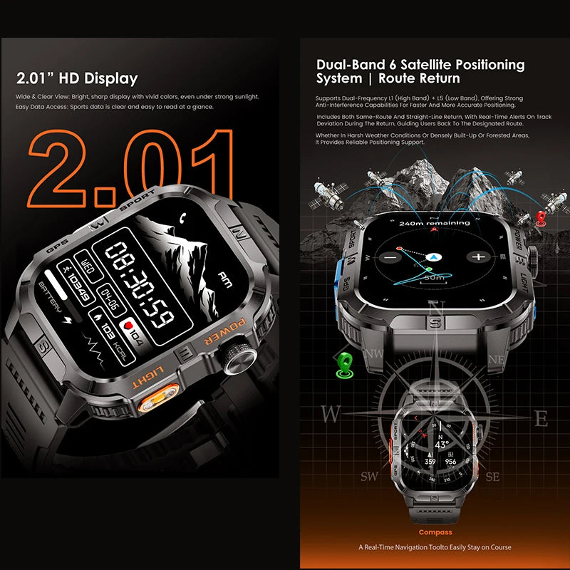 Smart Watch 2.01-inch HD Screen 540mAh 6 Satellite Positioning System 100+ Sports Modes IP68 Waterproof BT Call Smart Watch Men