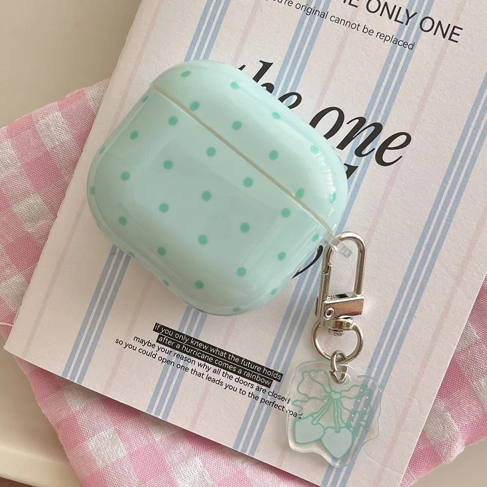 Cute Fresh Pink Green Polka Point Shockproof Protective Cover For AirPods 1 2 3 4 Pro Soft Couple Bow Case with Charm Pendant