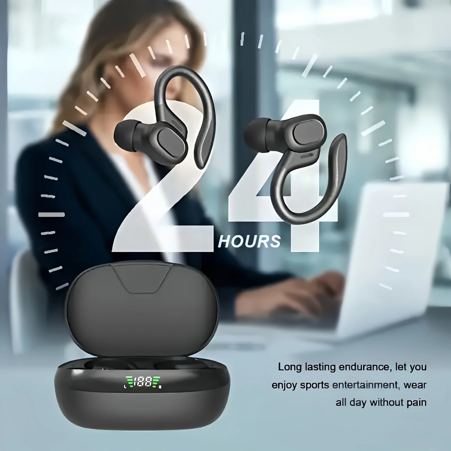True Wireless Earbuds, Tws Headphones with Microphone, Sports Ear Clip Headphones, Stereo In-Ear Headphones with Led Display