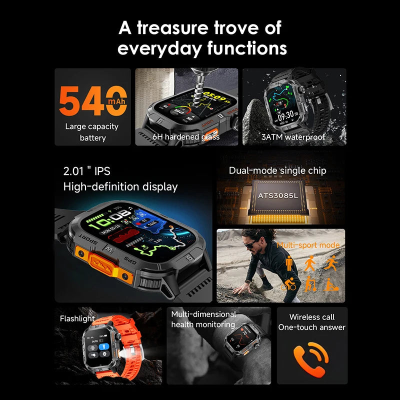 Smart Watch 2.01-inch HD Screen 540mAh 6 Satellite Positioning System 100+ Sports Modes IP68 Waterproof BT Call Smart Watch Men