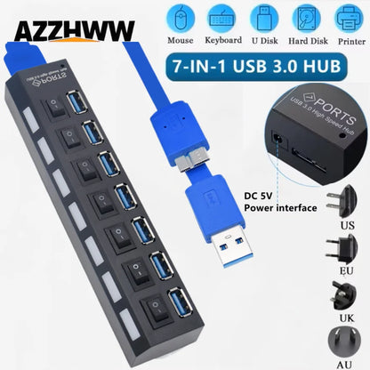 7 Port USB Hub 3.0 Multi Port Splitter USB Port Data Hub with Independent On/Off Switch and LED Indicators Lights for Laptop PC