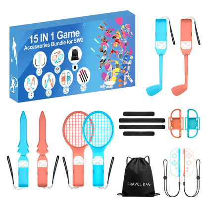 Sports Accessories Set S225 for Switch 2,15 in 1 Family Accessories Kit for Switch 2 Sports Games:Tennis Rackets,Sword Grips,Etc