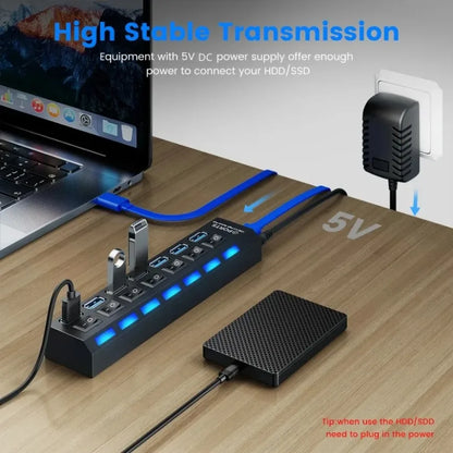 7 Port USB Hub 3.0 Multi Port Splitter USB Port Data Hub with Independent On/Off Switch and LED Indicators Lights for Laptop PC