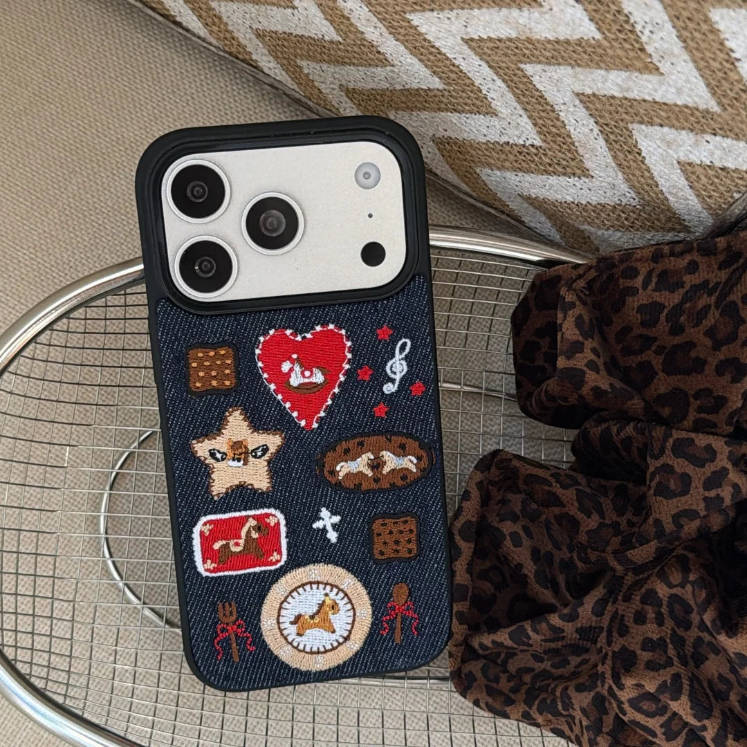 Korean Embroidered Cartoon Illustration Denim Phone Case For iPhone 17 16 Pro 15 14 13 Pro Max Cover Shockproof Cases Funda﻿