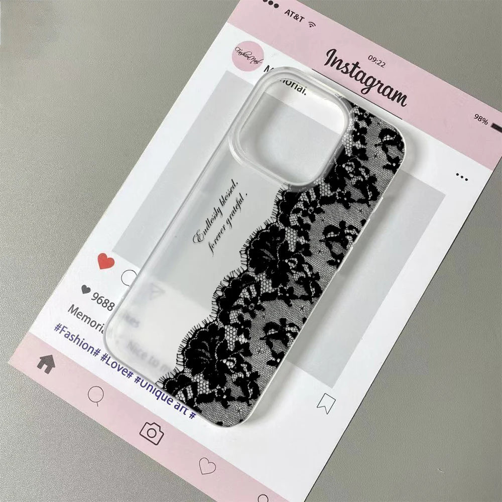 Letter Black Lace Phone Case For IPhone 17 16 15 14 13 12 11 Pro Max 13 12 17 Air 16 Plus Shockproof Soft Clear Cases Coque