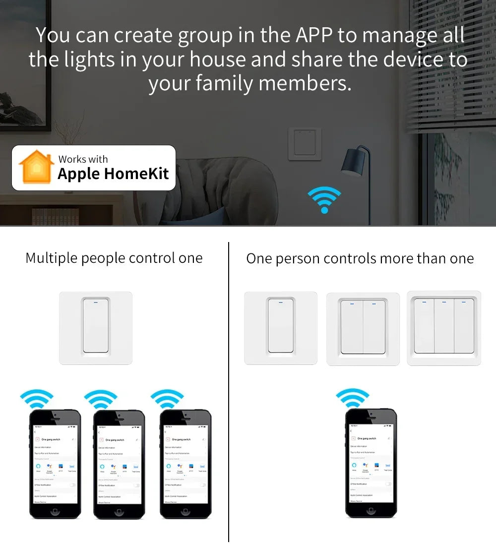 Smart Home  Homekit Smart WiFi Push Button Wall Switches 1/2/3Gang LED Room Lights for iphones Works with Siri Voice
