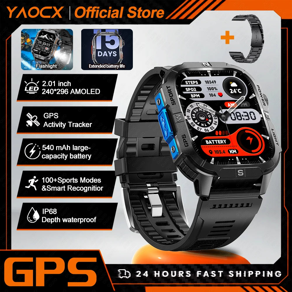 Smart Watch 2.01-inch HD Screen 540mAh 6 Satellite Positioning System 100+ Sports Modes IP68 Waterproof BT Call Smart Watch Men