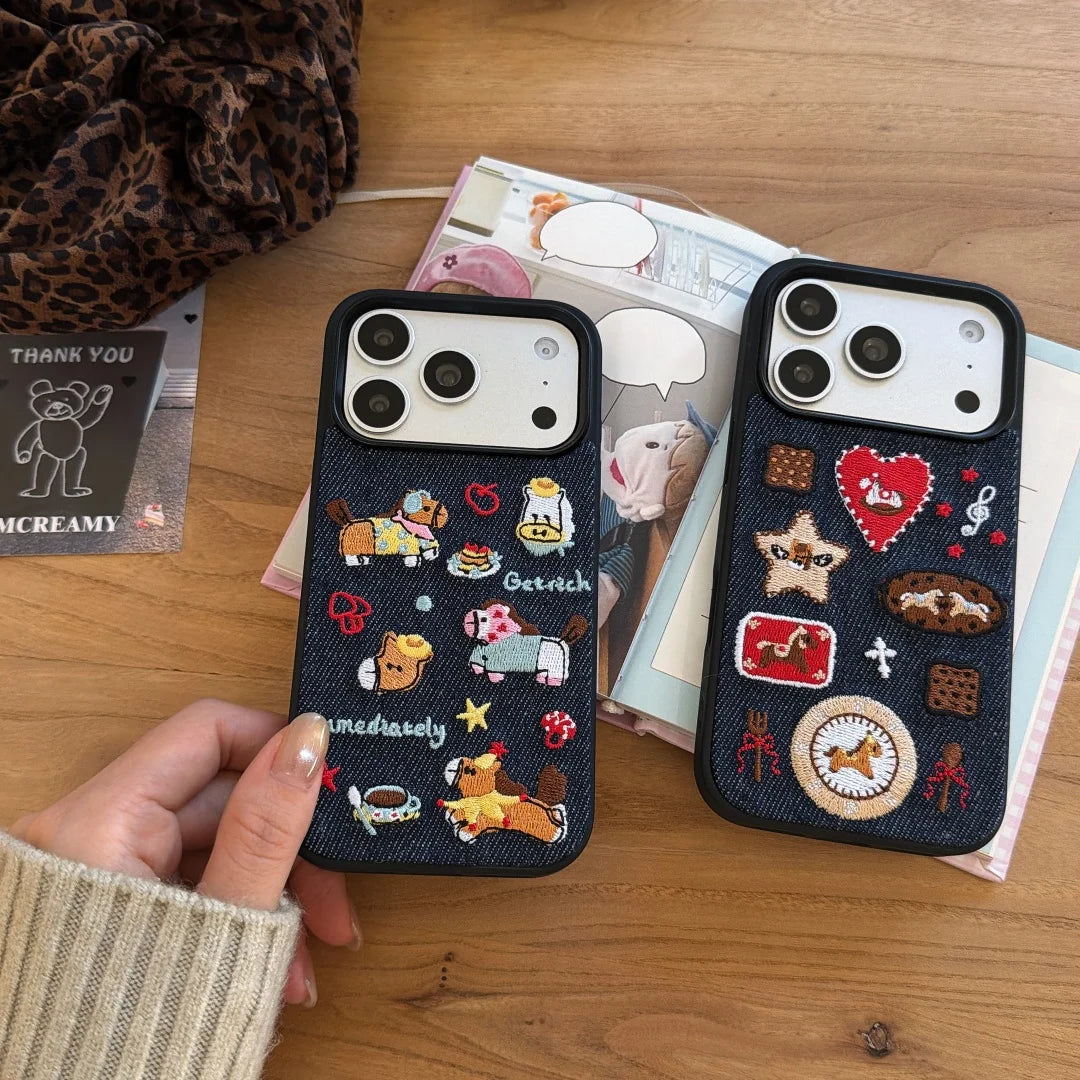 Korean Embroidered Cartoon Illustration Denim Phone Case For iPhone 17 16 Pro 15 14 13 Pro Max Cover Shockproof Cases Funda﻿