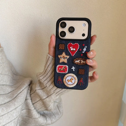 Korean Embroidered Cartoon Illustration Denim Phone Case For iPhone 17 16 Pro 15 14 13 Pro Max Cover Shockproof Cases Funda﻿