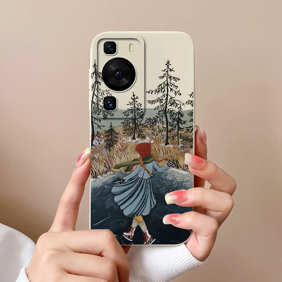 Cases Covers For Huawei P60 Pro Phone Bags Pretty Flower Liquid Soft Silicone Camera Protection Bumper For Huawei P60 Art Fundas