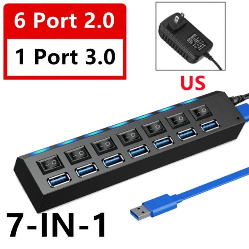 7 Port USB Hub 3.0 Multi Port Splitter USB Port Data Hub with Independent On/Off Switch and LED Indicators Lights for Laptop PC