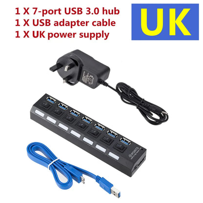 USB 3.0 Hub USB Hub 3.0 Multi USB Splitter 3 Hab Use Power Adapter 7 Port Multiple Expander 3.0 USB3 Hub with Switch for PC