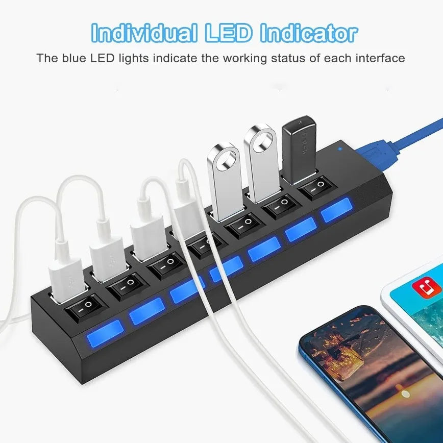 7 Port USB Hub 3.0 Multi Port Splitter USB Port Data Hub with Independent On/Off Switch and LED Indicators Lights for Laptop PC