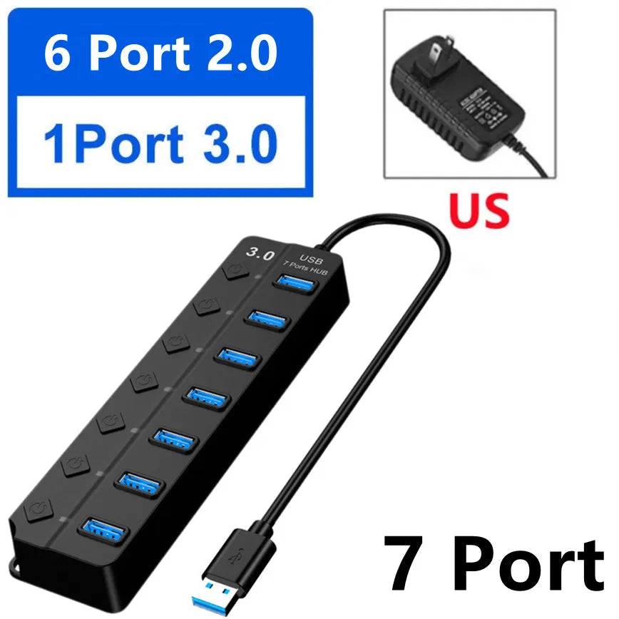 7 Port USB Hub 3.0 Multi Port Splitter USB Port Data Hub with Independent On/Off Switch and LED Indicators Lights for Laptop PC