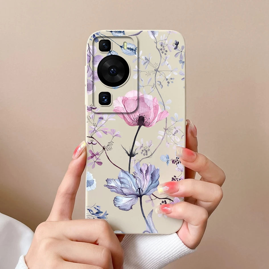 Cases Covers For Huawei P60 Pro Phone Bags Pretty Flower Liquid Soft Silicone Camera Protection Bumper For Huawei P60 Art Fundas