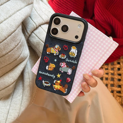 Korean Embroidered Cartoon Illustration Denim Phone Case For iPhone 17 16 Pro 15 14 13 Pro Max Cover Shockproof Cases Funda﻿
