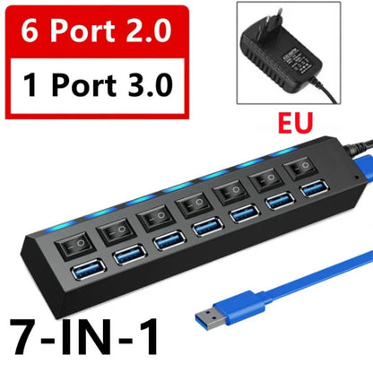7 Port USB Hub 3.0 Multi Port Splitter USB Port Data Hub with Independent On/Off Switch and LED Indicators Lights for Laptop PC
