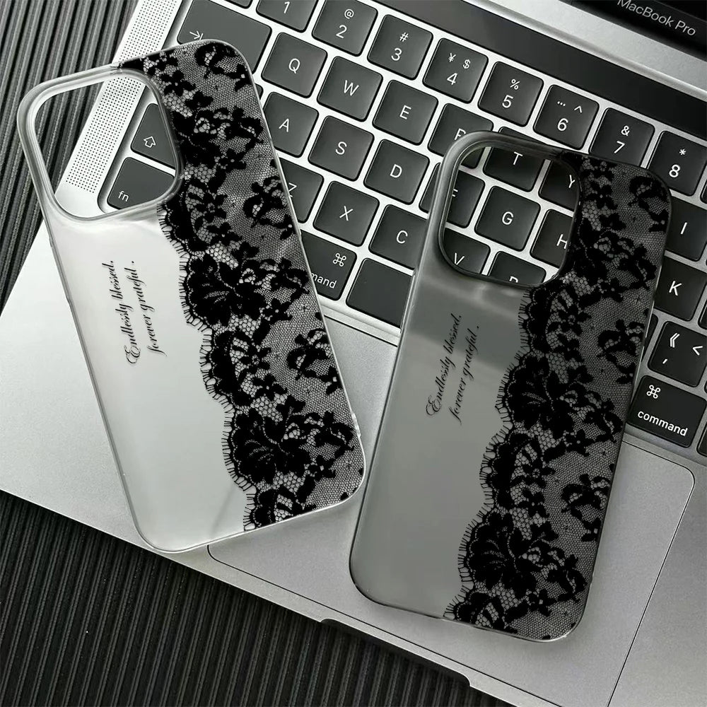 Letter Black Lace Phone Case For IPhone 17 16 15 14 13 12 11 Pro Max 13 12 17 Air 16 Plus Shockproof Soft Clear Cases Coque