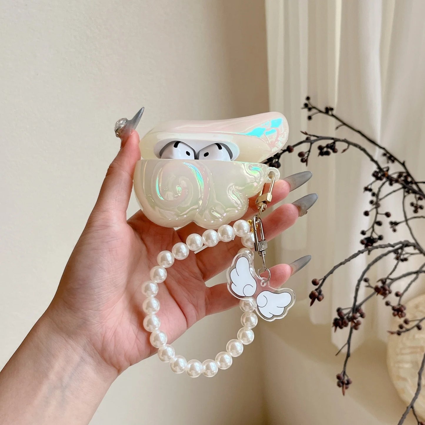Earphone Case for Airpods4 3 2 1 Pro Silicone Cute Wing Protective Headphones with Pearl Lanyard Shockproof Soft Anti-fall Cover