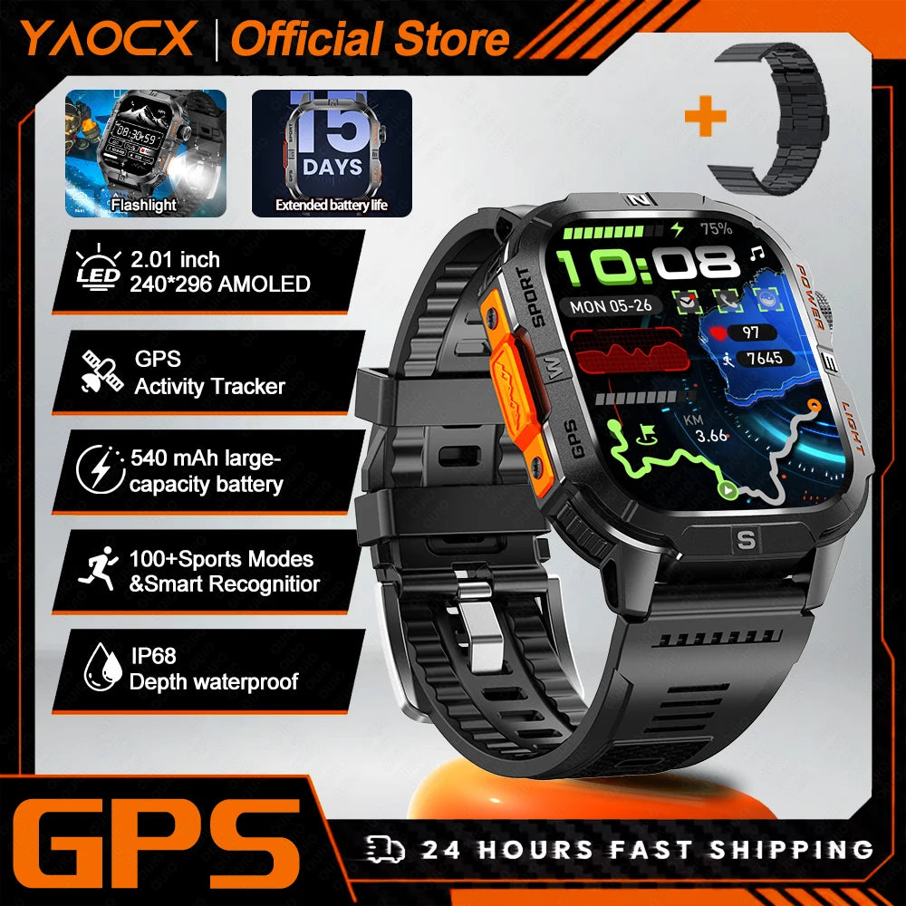 Smart Watch 2.01-inch HD Screen 540mAh 6 Satellite Positioning System 100+ Sports Modes IP68 Waterproof BT Call Smart Watch Men