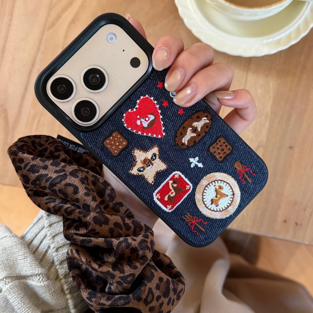 Korean Embroidered Cartoon Illustration Denim Phone Case For iPhone 17 16 Pro 15 14 13 Pro Max Cover Shockproof Cases Funda﻿
