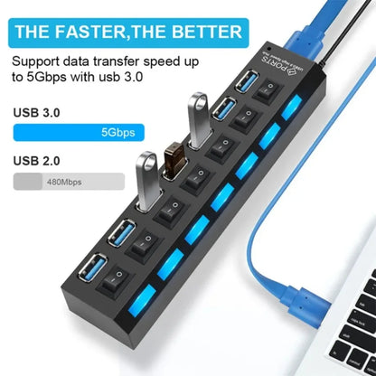 7 Port USB Hub 3.0 Multi Port Splitter USB Port Data Hub with Independent On/Off Switch and LED Indicators Lights for Laptop PC