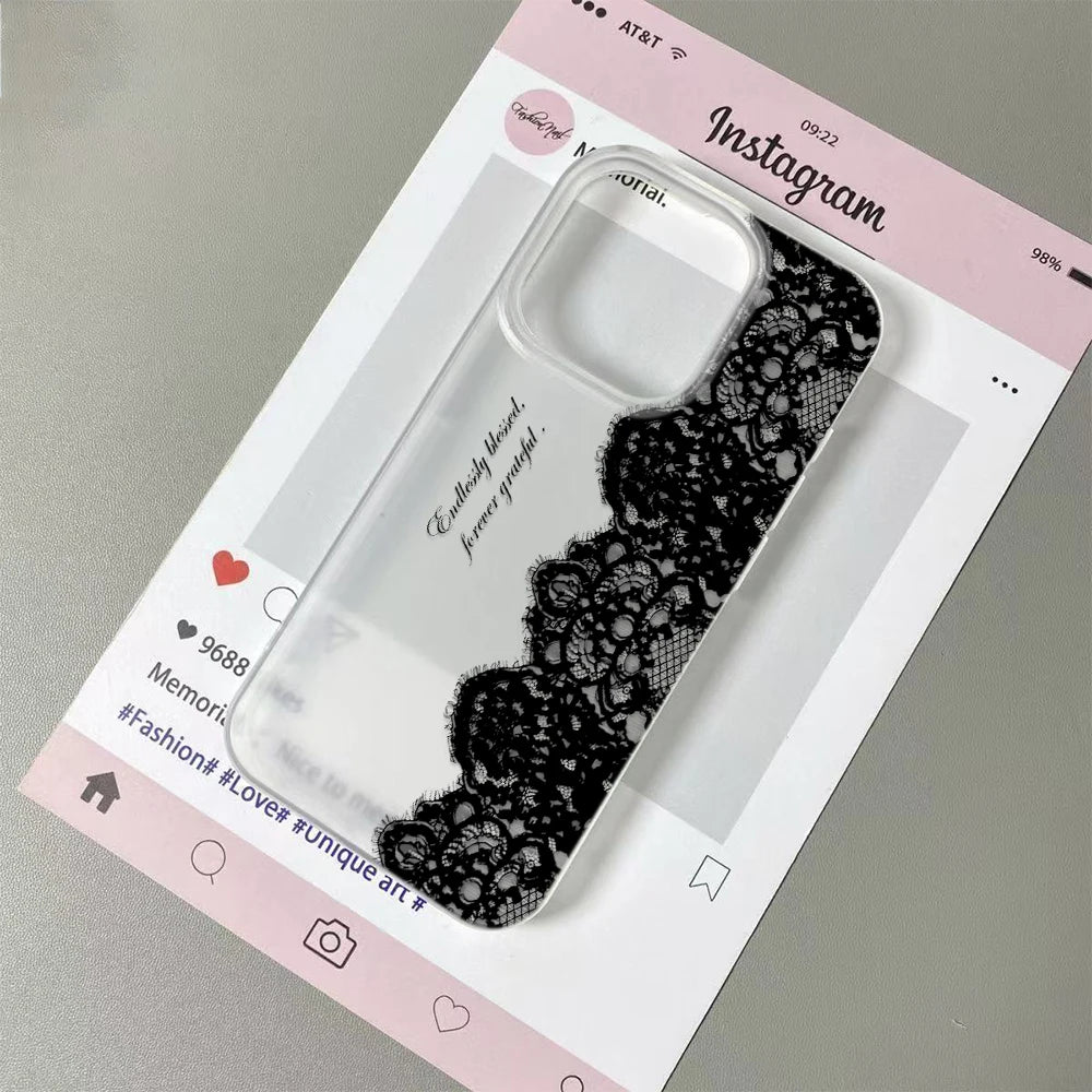 Letter Black Lace Phone Case For IPhone 17 16 15 14 13 12 11 Pro Max 13 12 17 Air 16 Plus Shockproof Soft Clear Cases Coque
