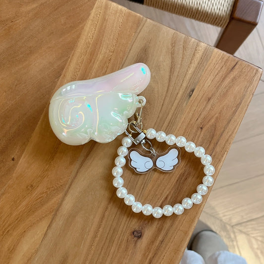 Earphone Case for Airpods4 3 2 1 Pro Silicone Cute Wing Protective Headphones with Pearl Lanyard Shockproof Soft Anti-fall Cover