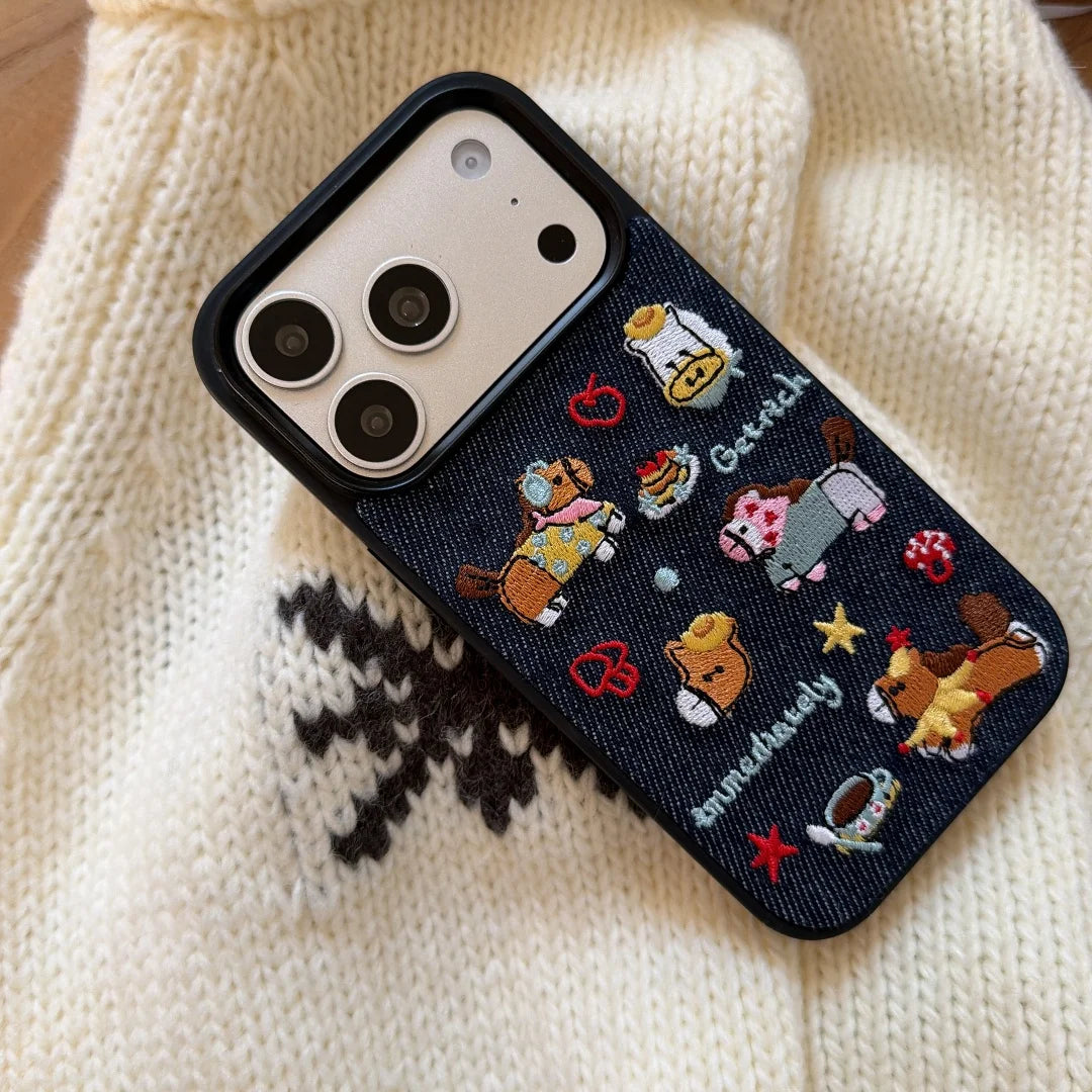 Korean Embroidered Cartoon Illustration Denim Phone Case For iPhone 17 16 Pro 15 14 13 Pro Max Cover Shockproof Cases Funda﻿