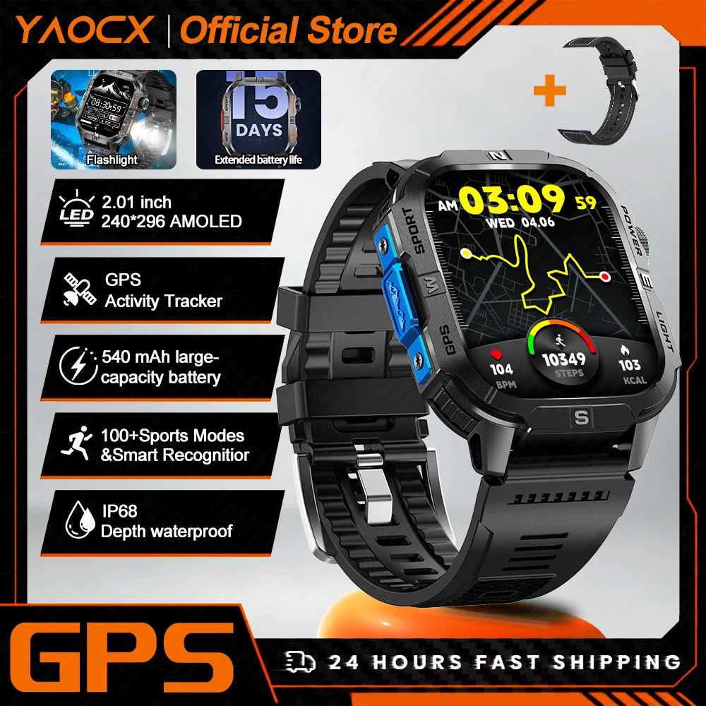 Smart Watch 2.01-inch HD Screen 540mAh 6 Satellite Positioning System 100+ Sports Modes IP68 Waterproof BT Call Smart Watch Men