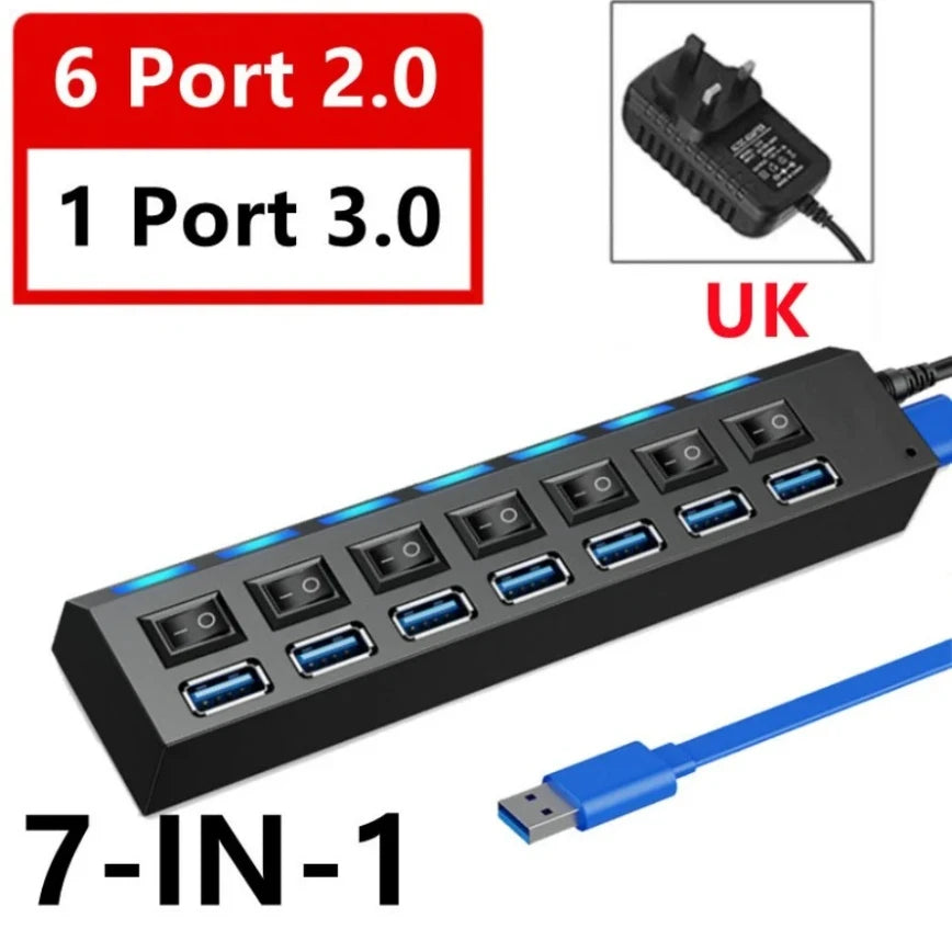 7 Port USB Hub 3.0 Multi Port Splitter USB Port Data Hub with Independent On/Off Switch and LED Indicators Lights for Laptop PC