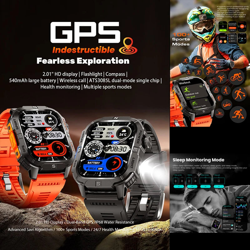 Smart Watch 2.01-inch HD Screen 540mAh 6 Satellite Positioning System 100+ Sports Modes IP68 Waterproof BT Call Smart Watch Men