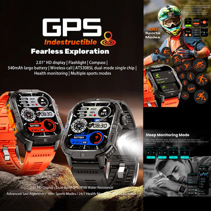 Smart Watch 2.01-inch HD Screen 540mAh 6 Satellite Positioning System 100+ Sports Modes IP68 Waterproof BT Call Smart Watch Men