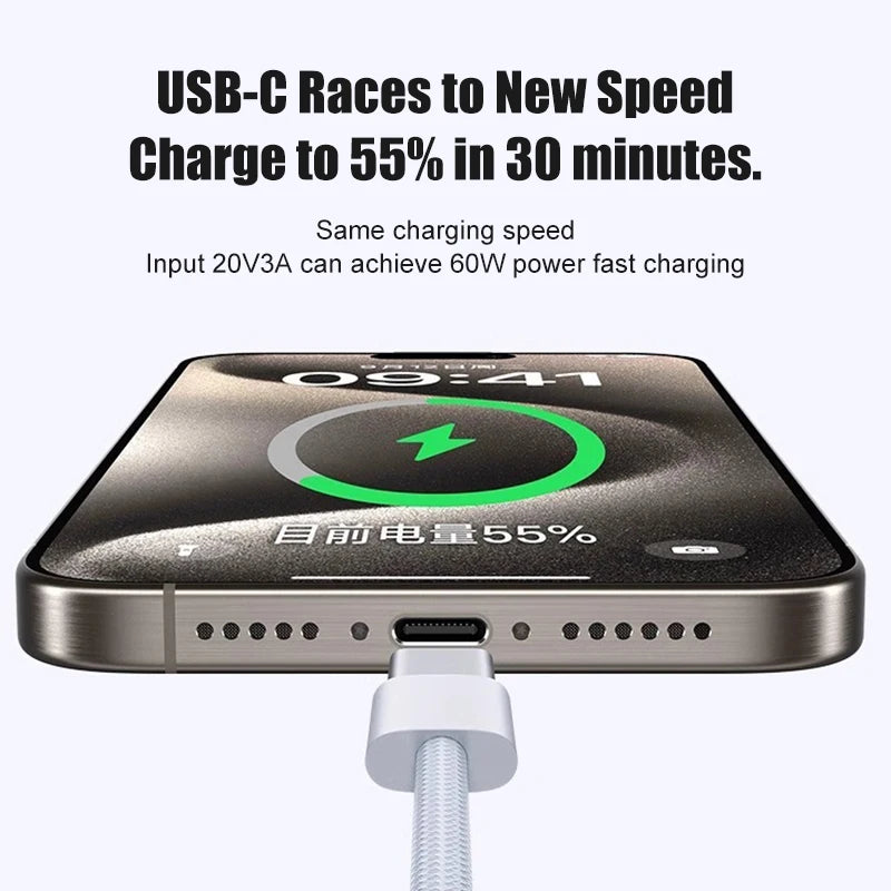 60W USB C Phone Cable For iPhone 16 15 17 Pro Max 17 Air Plus Fast Charging Type-C Charge Braided Cables USB to Type C Data Line