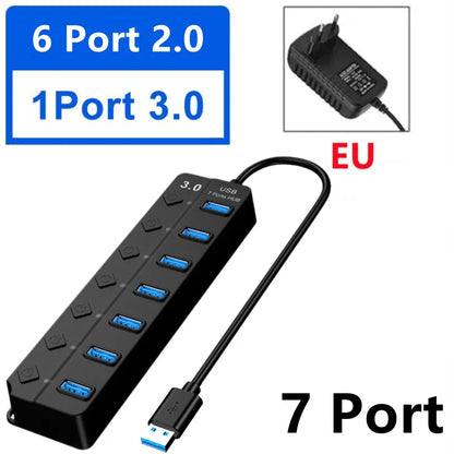 7 Port USB Hub 3.0 Multi Port Splitter USB Port Data Hub with Independent On/Off Switch and LED Indicators Lights for Laptop PC