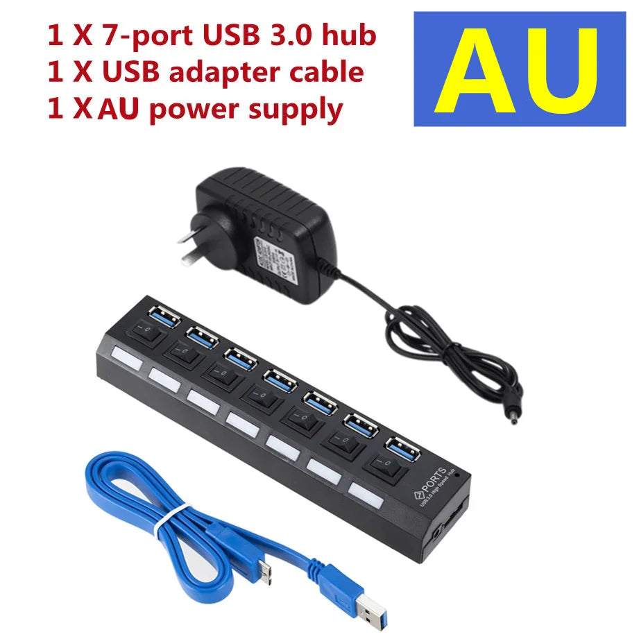 USB 3.0 Hub USB Hub 3.0 Multi USB Splitter 3 Hab Use Power Adapter 7 Port Multiple Expander 3.0 USB3 Hub with Switch for PC