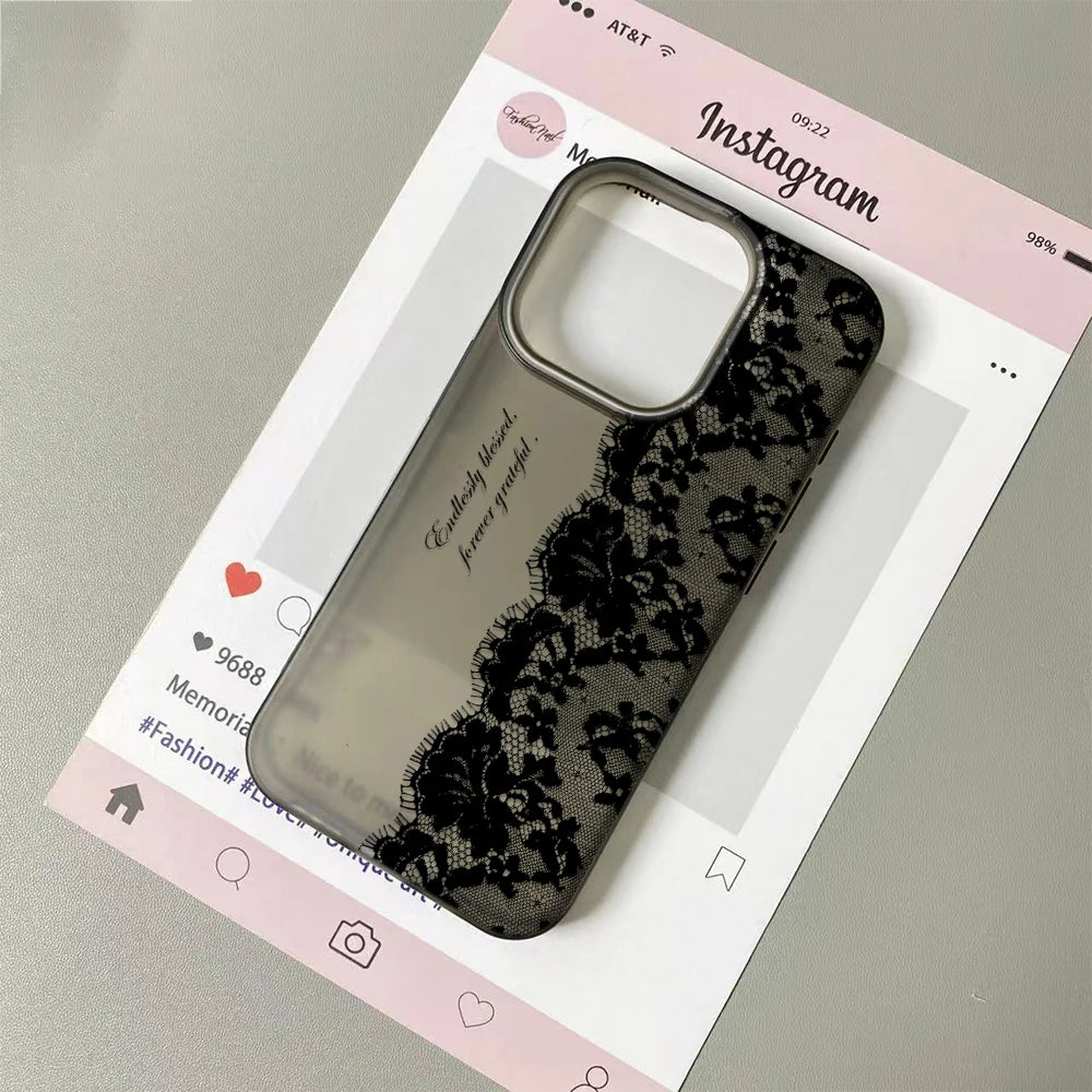 Letter Black Lace Phone Case For IPhone 17 16 15 14 13 12 11 Pro Max 13 12 17 Air 16 Plus Shockproof Soft Clear Cases Coque