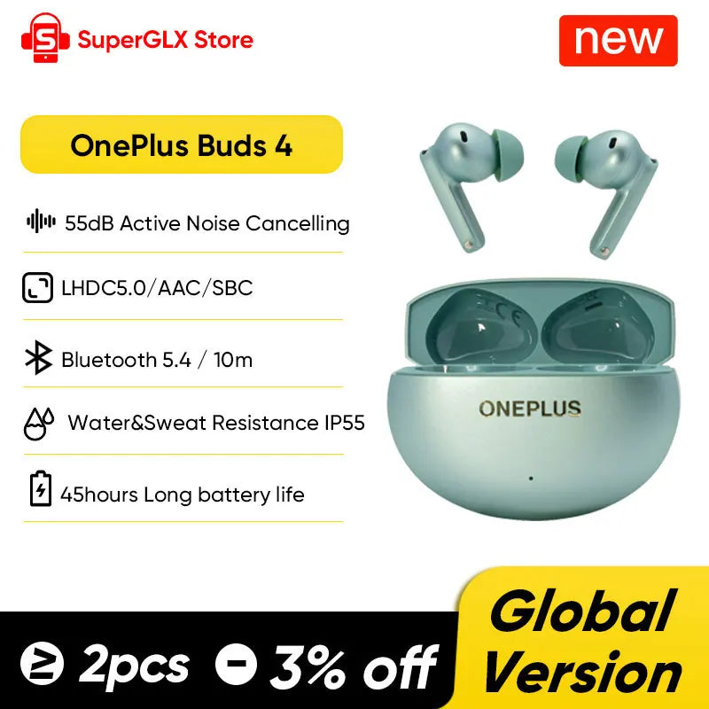 Global Version OnePlus Buds 4 True Wireless AI Call Noise Cancelling Earphones 55dB Long Range IP55 Waterproof Portable Earbuds