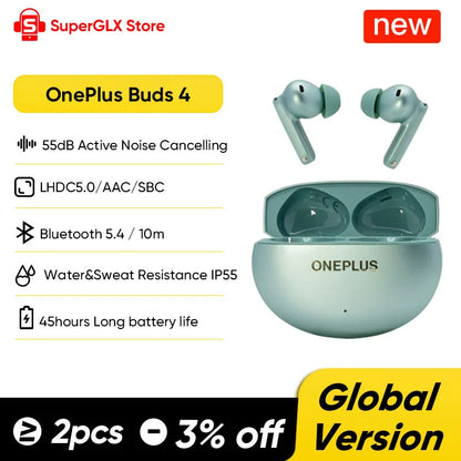 Global Version OnePlus Buds 4 True Wireless AI Call Noise Cancelling Earphones 55dB Long Range IP55 Waterproof Portable Earbuds