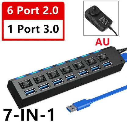 7 Port USB Hub 3.0 Multi Port Splitter USB Port Data Hub with Independent On/Off Switch and LED Indicators Lights for Laptop PC
